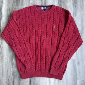 Vintage Chaps Ralph Lauren Sweater Mens XL Red Long Sleeve Cable Knit Crest